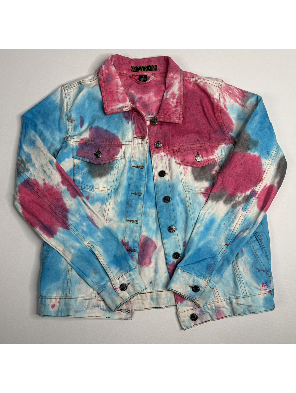 Vintage TAXI Tie Dye Denim Trucker Jacket Pink Blue S